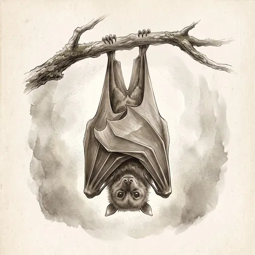 Vintage Ink Illustration of Hanging Fruit Bat