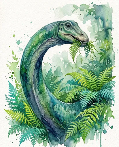 Watercolor Diplodocus Eating Green Ferns