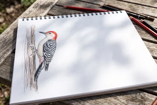 Colored Pencil Woodpecker Drawing in Sketchbook