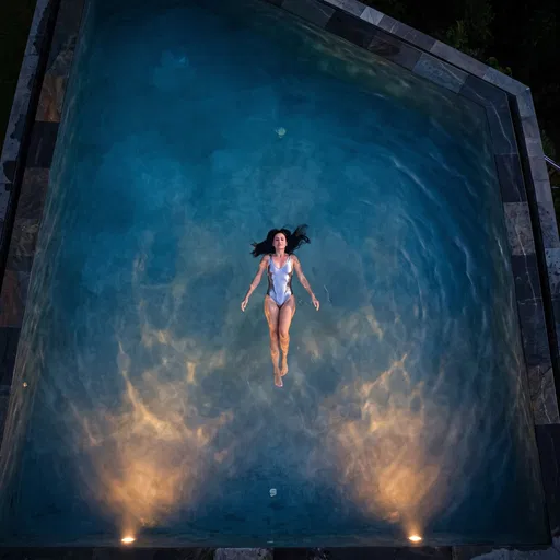 Woman Floating in Illuminated Night Pool
