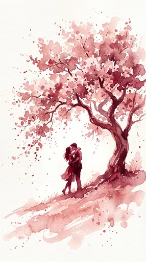 Crimson Watercolor Couple Kissing Under Tree