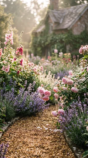 Sunlit Gravel Path in English Cottage Garden