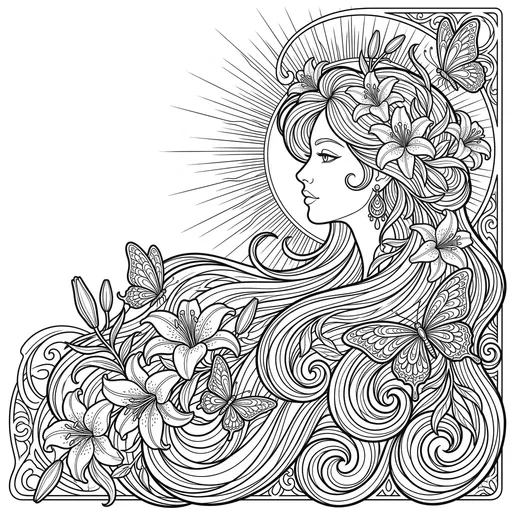 Art Nouveau Woman With Lilies Coloring Page