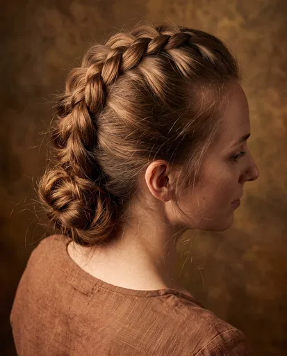 Woman With Caramel Brown Dutch Braid Updo
