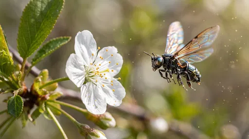 Robotic Bee Hovering Near White Blossom