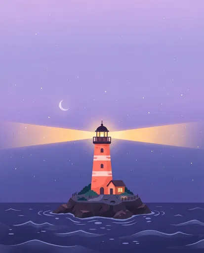 Coral Lighthouse on Rocky Islet at Night