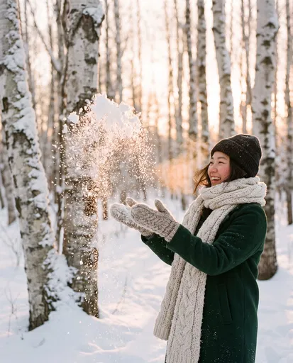 Woman Tossing Snow in Birch Forest