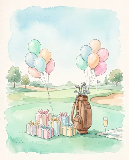 Watercolor Golf Course Birthday Celebration Illustration