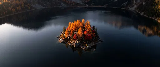 Autumn Island in Dark Alpine Lake