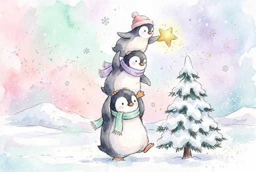 Watercolor Penguins Decorating Christmas Tree