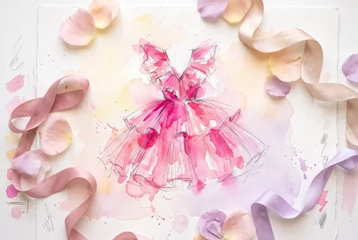 Watercolor Pink Dress Sketch Flat Lay