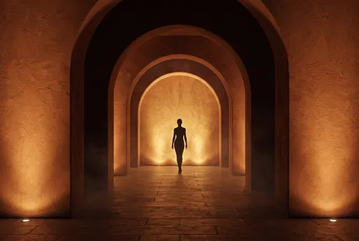 Woman Silhouette in Warm Archway Corridor