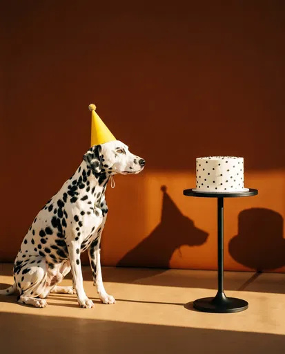 Dalmatian in Party Hat Looking at Cake
