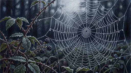 Dewy Spiderweb on Blackberry Brambles Drawing