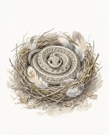Watercolor Snake Coiled in Feather Nest