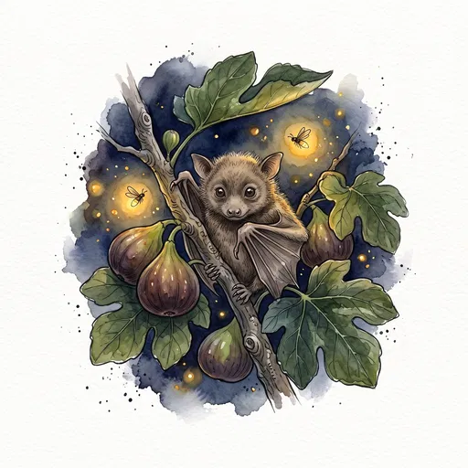 Watercolor Baby Fruit Bat on Fig Branch