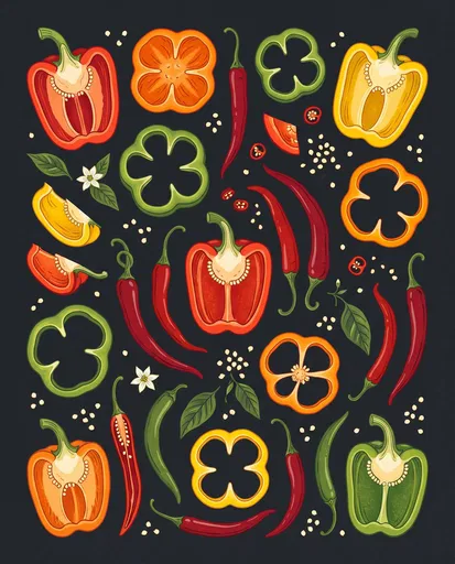 Botanical Illustration of Assorted Peppers
