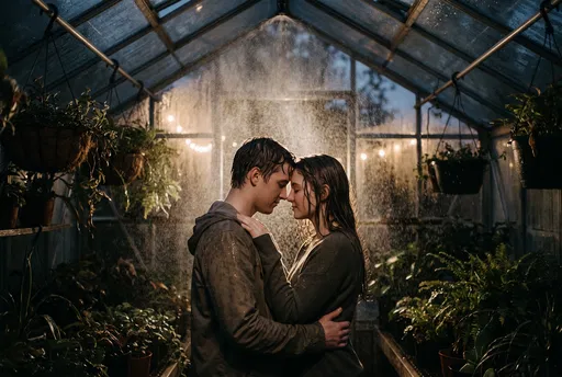 Couple Embracing Under Greenhouse Mist
