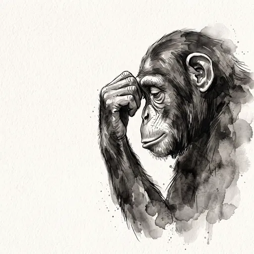 Thoughtful Chimpanzee Ink and Watercolor Illustration