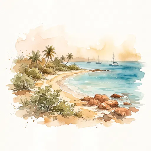 Watercolor Tropical Beach Coastline Illustration