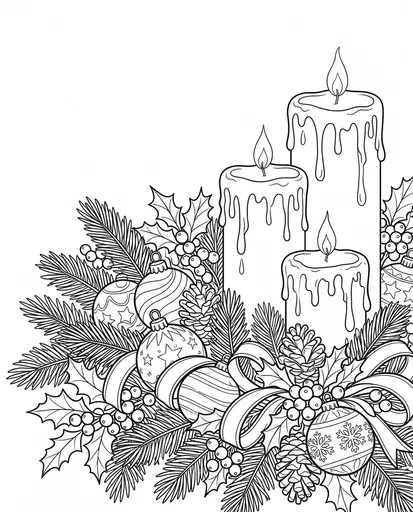 Christmas Candles and Evergreen Coloring Page