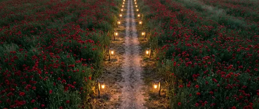 Lantern Lit Path Through Red Poppy Field