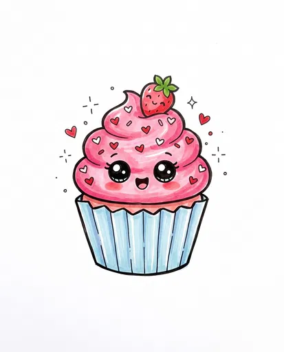Cute Kawaii Strawberry Cupcake Illustration