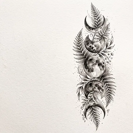 Monochrome Moon Phases and Fern Tattoo Illustration