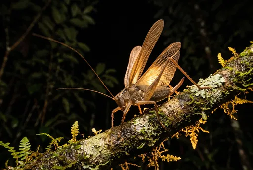 Backlit Katydid With Raised Wings At Night
