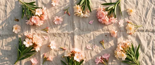 Pastel Oleander Blossoms on Beige Linen