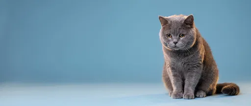 Sad British Shorthair Cat on Blue