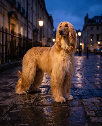 Golden Afghan Hound on Wet Twilight Street
