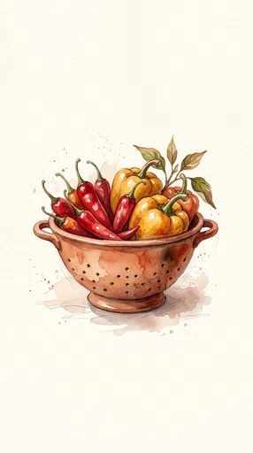 Watercolor Terracotta Colander With Fresh Peppers