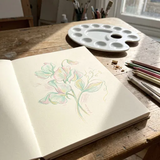 Pastel Sweet Pea Sketch on Studio Table