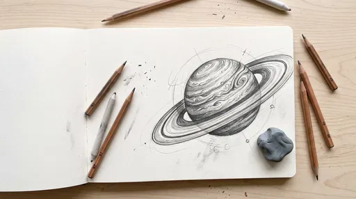 Graphite Sketch of Ringed Planet in Sketchbook