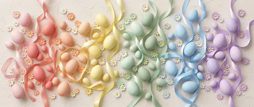 Pastel Easter Eggs and Ribbons Flat Lay
