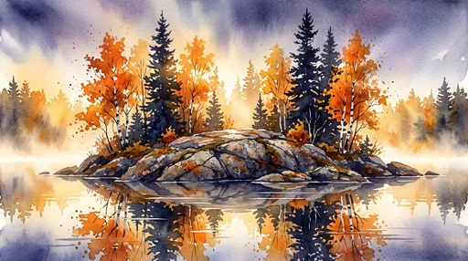 Watercolor Autumn Island on Calm Lake