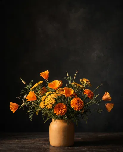 Orange Wildflower Bouquet Against Dark Background