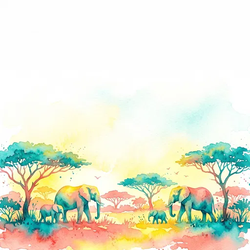 Watercolor Savanna Elephants Border Illustration