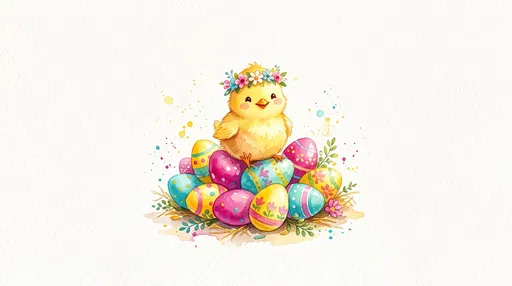 Watercolor Easter Chick on Colorful Eggs