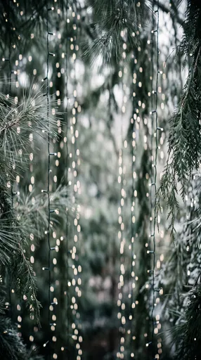 Evergreen Branches and Hanging Fairy Lights