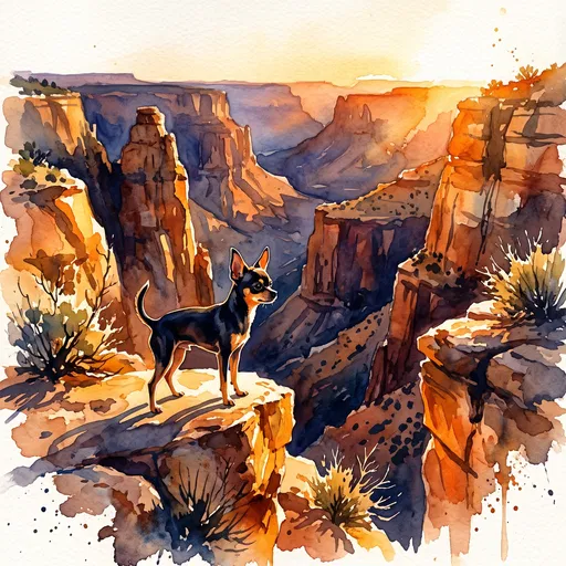 Watercolor Chihuahua on Canyon Ledge at Sunset
