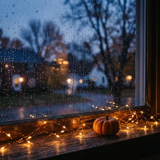 Mini Pumpkin on Rainy Dusk Windowsill
