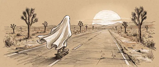 Ghost Skateboarding Down Desert Highway Sketch
