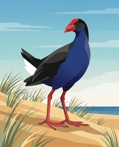 Flat Illustration of Pukeko on Coastal Dune
