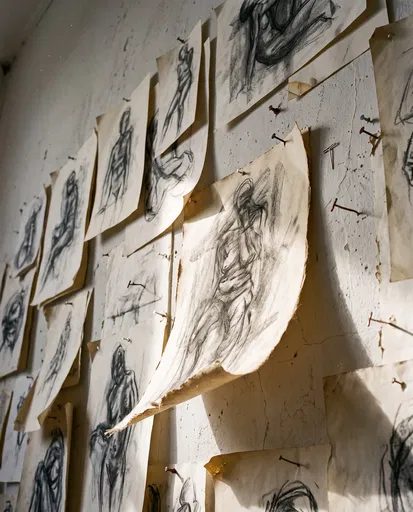 Charcoal Figure Sketches on Studio Wall