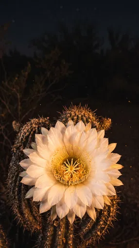 Glowing White Cactus Flower at Night