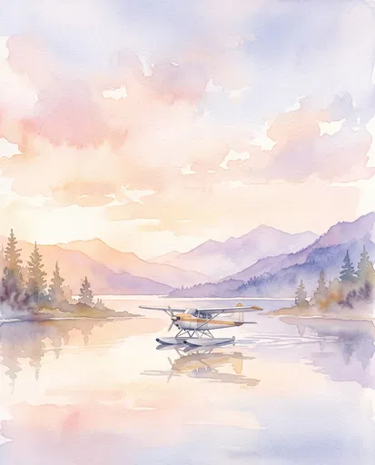 Watercolor Seaplane on Calm Mountain Lake