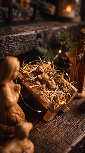 Wooden Christmas Nativity Crib Close-Up