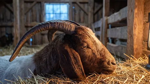 Boer Buck Resting in Wooden Barn